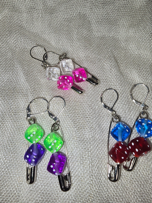 Dice safety pin earrings