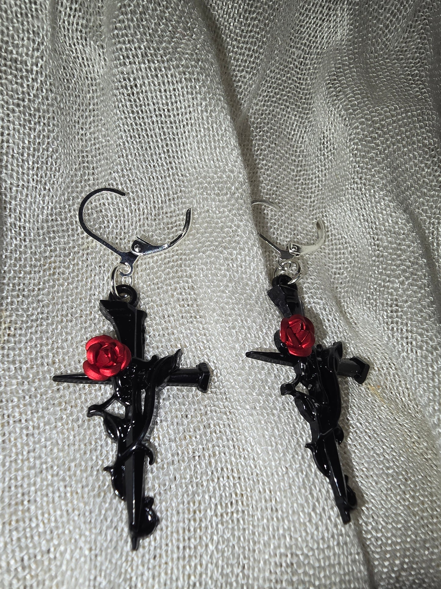 Red rose cross earrings