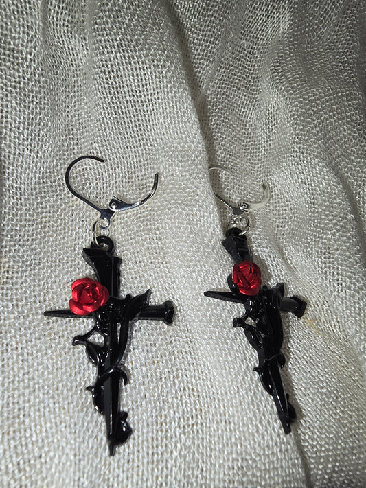 Red rose cross earrings
